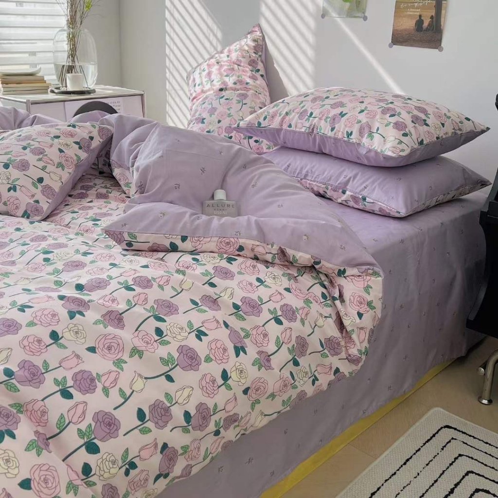Chăn Ga Gối Cotton Living " HOA HỒNG TÍM " - Bộ Chăn Ga Gối Cotton 100% Nhập Khẩu 4 món