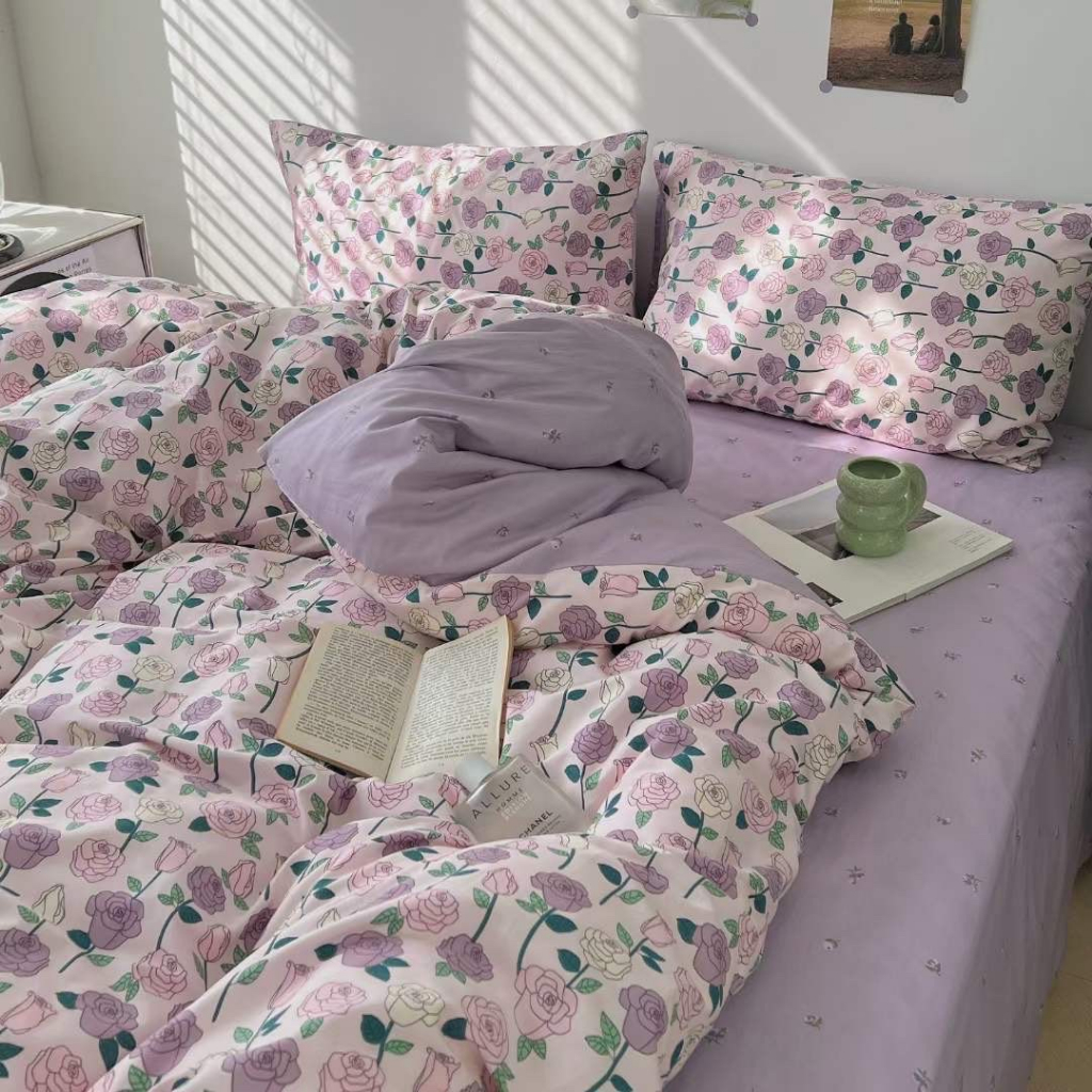 Chăn Ga Gối Cotton Living " HOA HỒNG TÍM " - Bộ Chăn Ga Gối Cotton 100% Nhập Khẩu 4 món