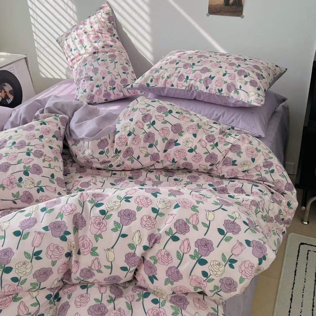 Chăn Ga Gối Cotton Living " HOA HỒNG TÍM " - Bộ Chăn Ga Gối Cotton 100% Nhập Khẩu 4 món