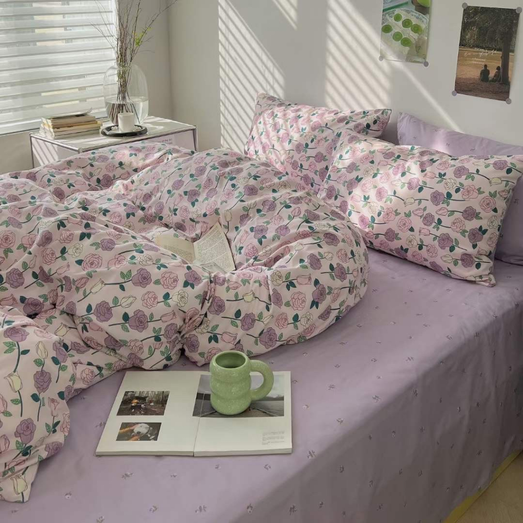 Chăn Ga Gối Cotton Living " HOA HỒNG TÍM " - Bộ Chăn Ga Gối Cotton 100% Nhập Khẩu 4 món