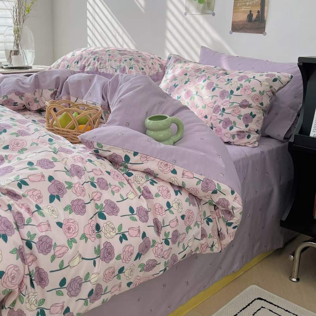 Chăn Ga Gối Cotton Living " HOA HỒNG TÍM " - Bộ Chăn Ga Gối Cotton 100% Nhập Khẩu 4 món