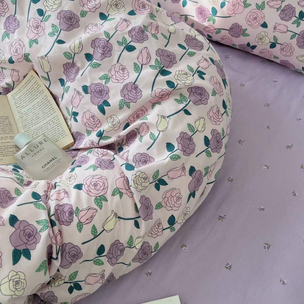 Chăn Ga Gối Cotton Living " HOA HỒNG TÍM " - Bộ Chăn Ga Gối Cotton 100% Nhập Khẩu 4 món
