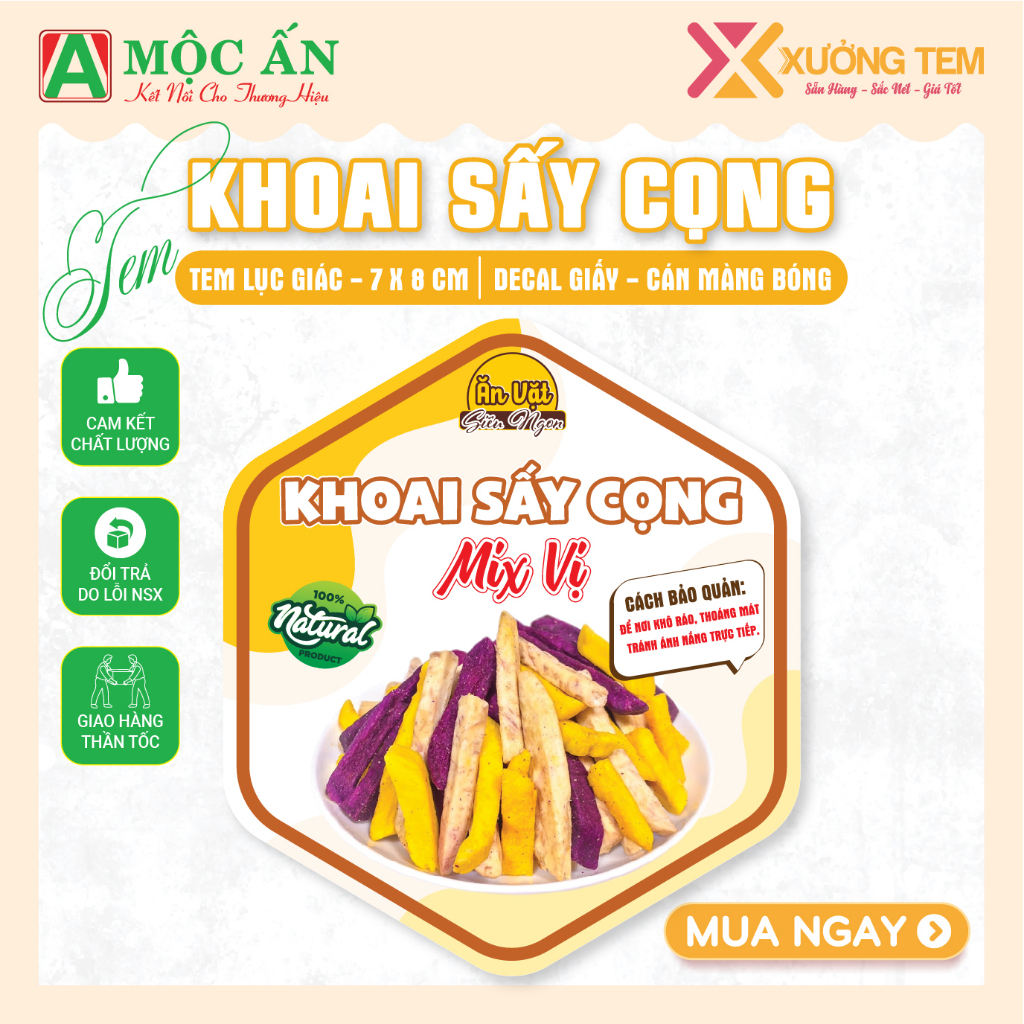 55 Tem Dán, Nhãn Dán "Khoai Sấy Cọng""Chuối Sấy Cọng" In Sẵn, Sáng Đẹp, Giá Siêu Tốt Tại Xưởng