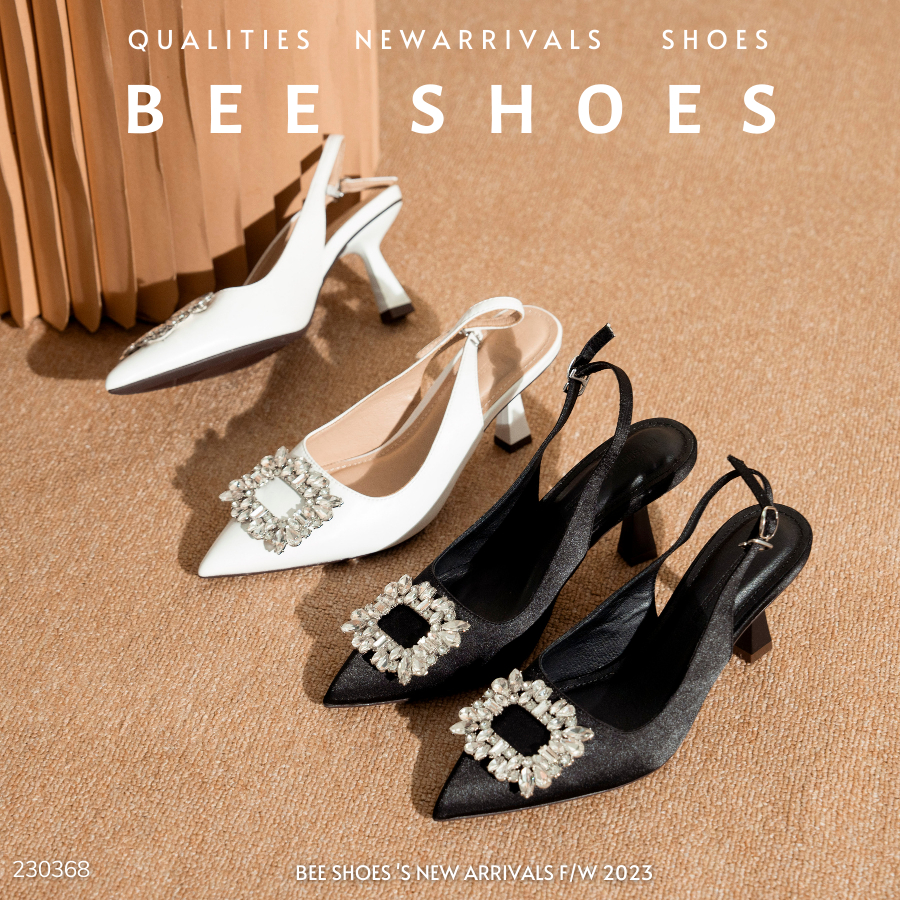 GIÀY CAO GÓT NỮ BEESHOES MŨI NHỌN - GIÀY CAO GÓT NỮ GÓT NHỌN CAO 7 PHÂN SẴN MÀU ĐEN TRẮNG 230368