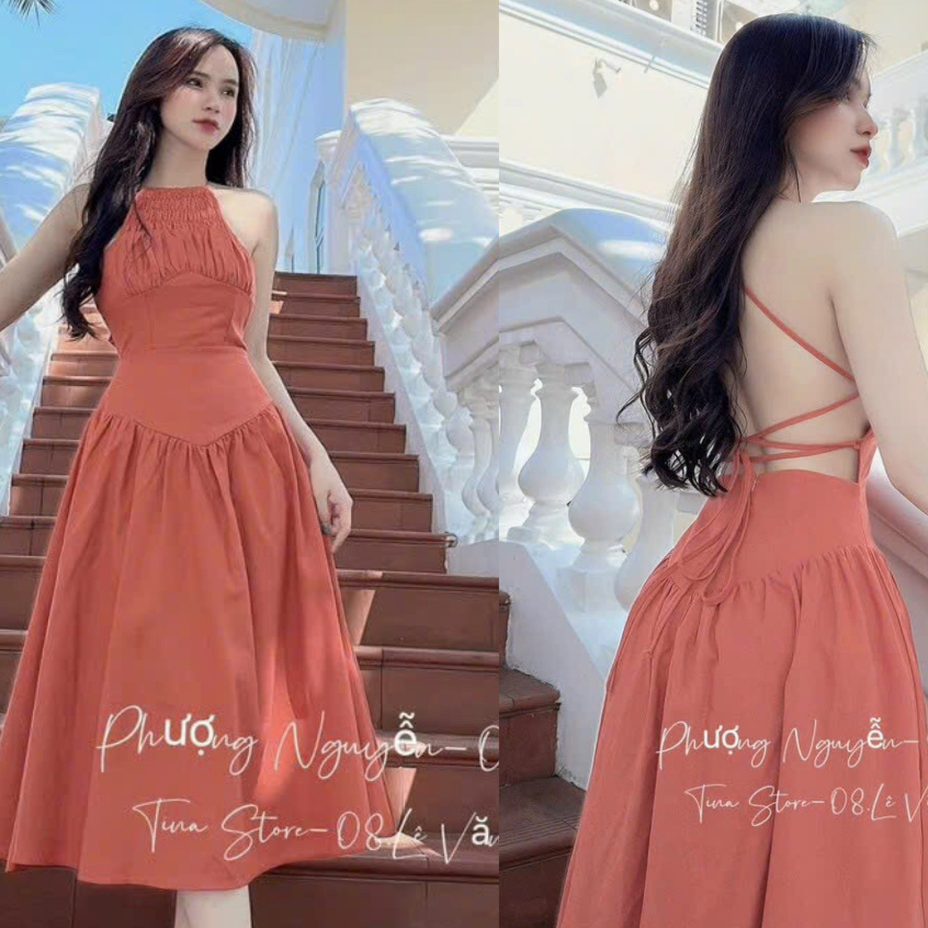 đầm nữ dự tiệc cổ yếm dáng xòe dài đan dây sau lưng cực quyến rủ thời trang nữ stclothing