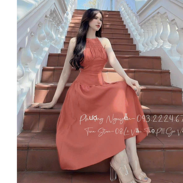 đầm nữ dự tiệc cổ yếm dáng xòe dài đan dây sau lưng cực quyến rủ thời trang nữ stclothing