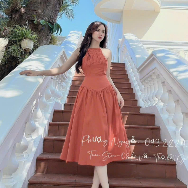 đầm nữ dự tiệc cổ yếm dáng xòe dài đan dây sau lưng cực quyến rủ thời trang nữ stclothing