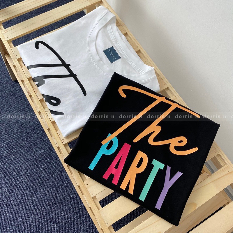 Áo Phông Nam Nữ Tay Lỡ Cổ Tròn In Chữ THE PARTY Chất Vải Cotton Mềm Mịn Co Giãn Thoáng Mát