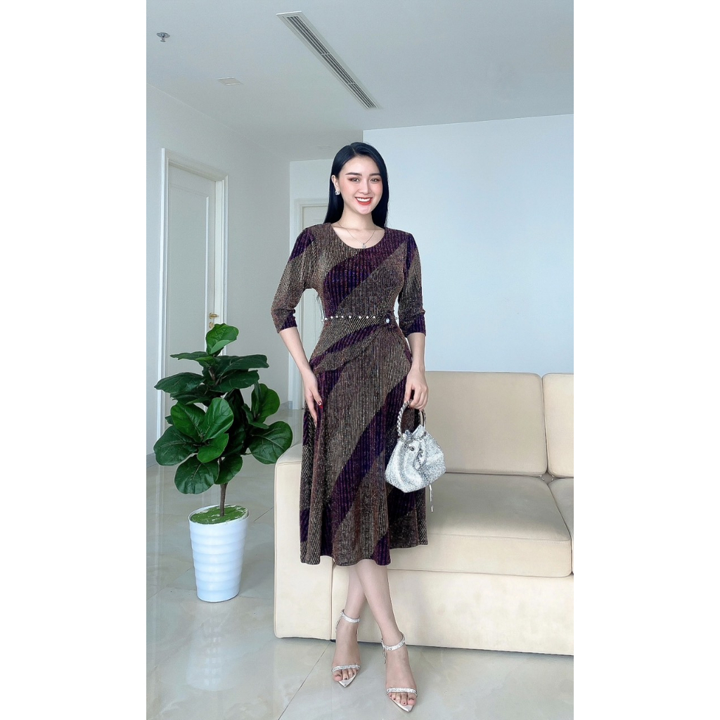 Đầm trung niên dự tiệc sang trọng vải thun dệt nhũ kim sa co giãn, bigsize 80kg, dáng suông DN20