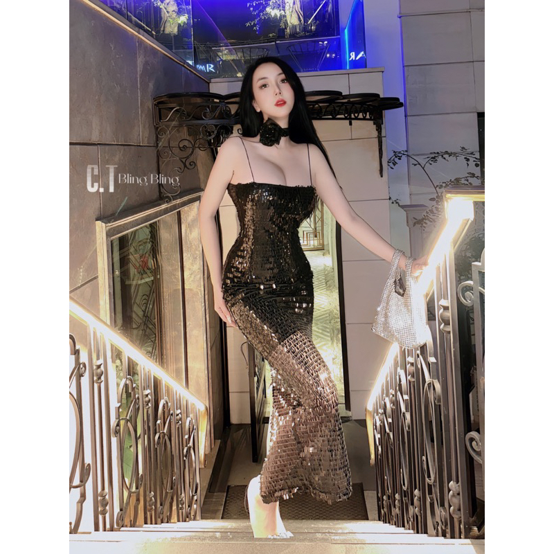 Đầm kim sa đi tiệc hàng thiết kế 2 lớp siêu sang