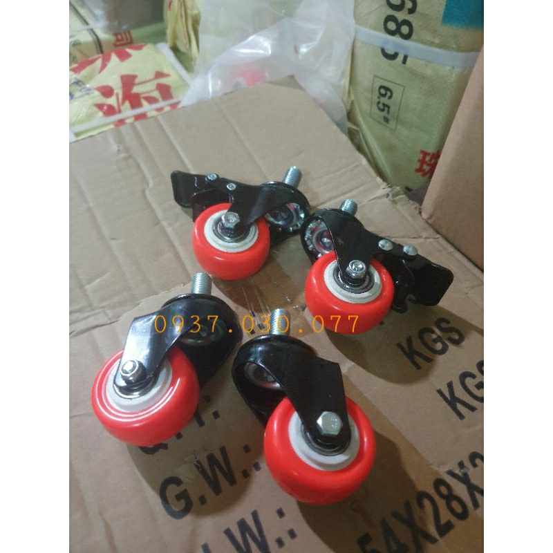 01 bộ gồm 4 bánh: 2 xoay, 2 khóa 50mm PU Vít 12 Cam Mã Lai