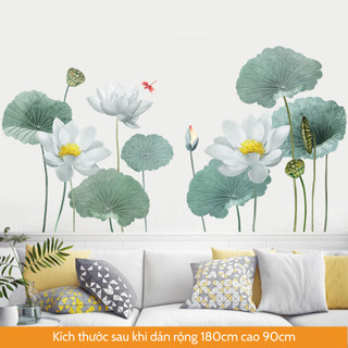 Decal dán tường hoa sen trắng, Giấy dán tường hoa sen trắng trang trí phòng khách phòng thờ phòng ngủ
