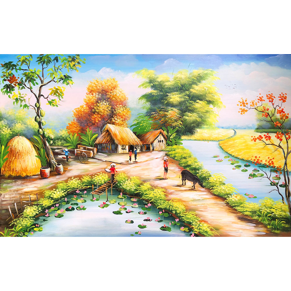 Tranh vẽ tay làng quê kích thước 50cm.70cm ( kèm khung)
