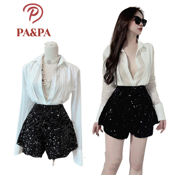 Set áo sơ mi trắng dài tay mix quần short đùi kim sa bling thời trang đi dự tiệc cưới dạ hội sự kiện sang chảnh YV339