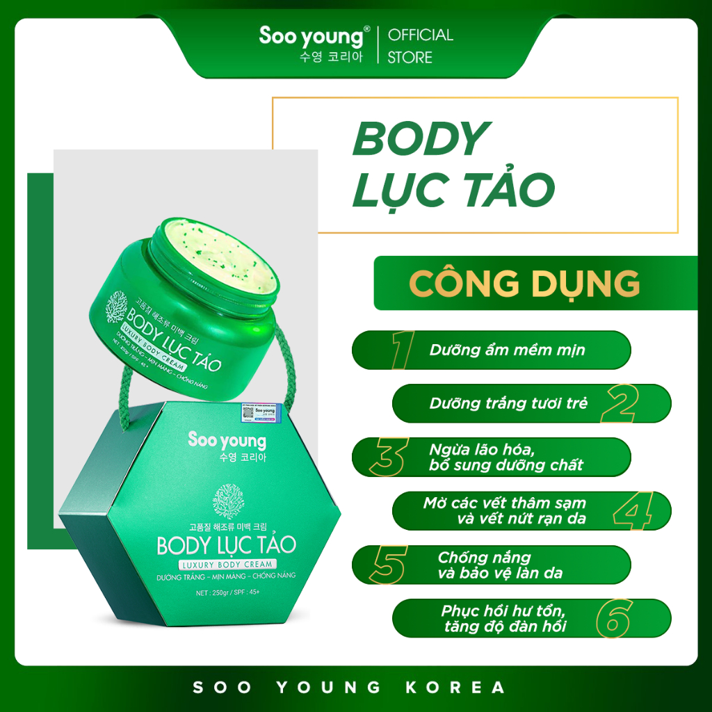 Combo 3 hộp kem Body Lục Tảo SOOYOUNG KOREA dưỡng trắng mịn màng 250g