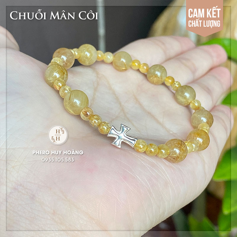 Vòng tay Chuỗi Mân Côi đá tóc vàng - Quà tặng Công Giáo