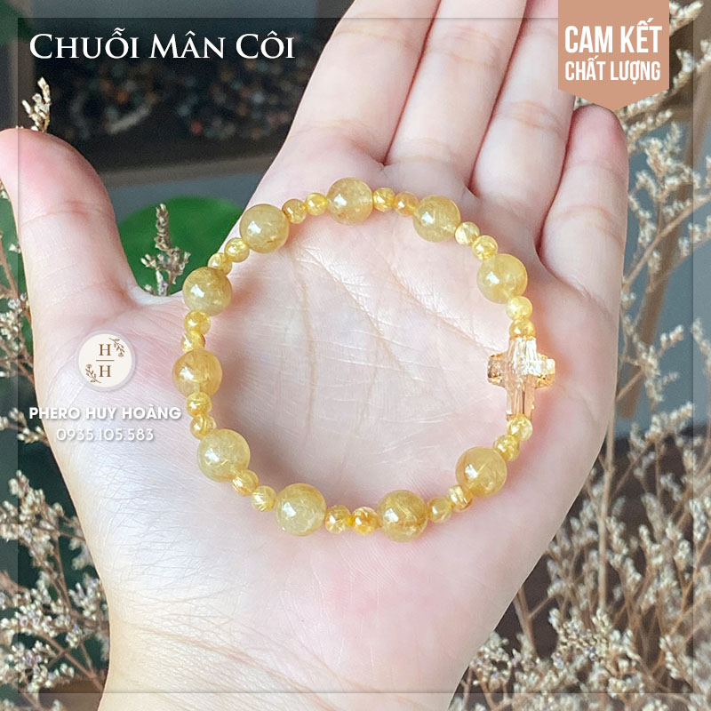 Chuỗi Mân Côi đeo tay bằng đá tóc vàng - Thánh Giá pha lê