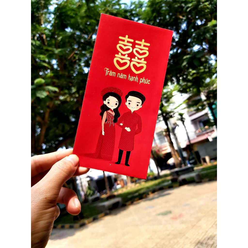 Phong bao lì xì cưới cô dâu chú rể chữ hỷ trao duyên bê tráp