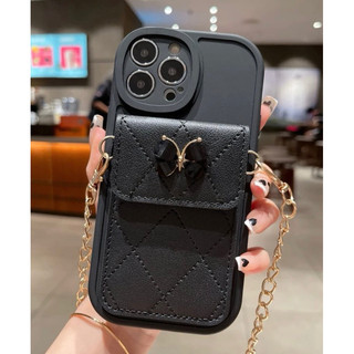 ✨Ốp lưng điện thoại iPhone kiểu dáng có khe cắm thẻ trang trí nơ và dây cầm đáng yêu✨