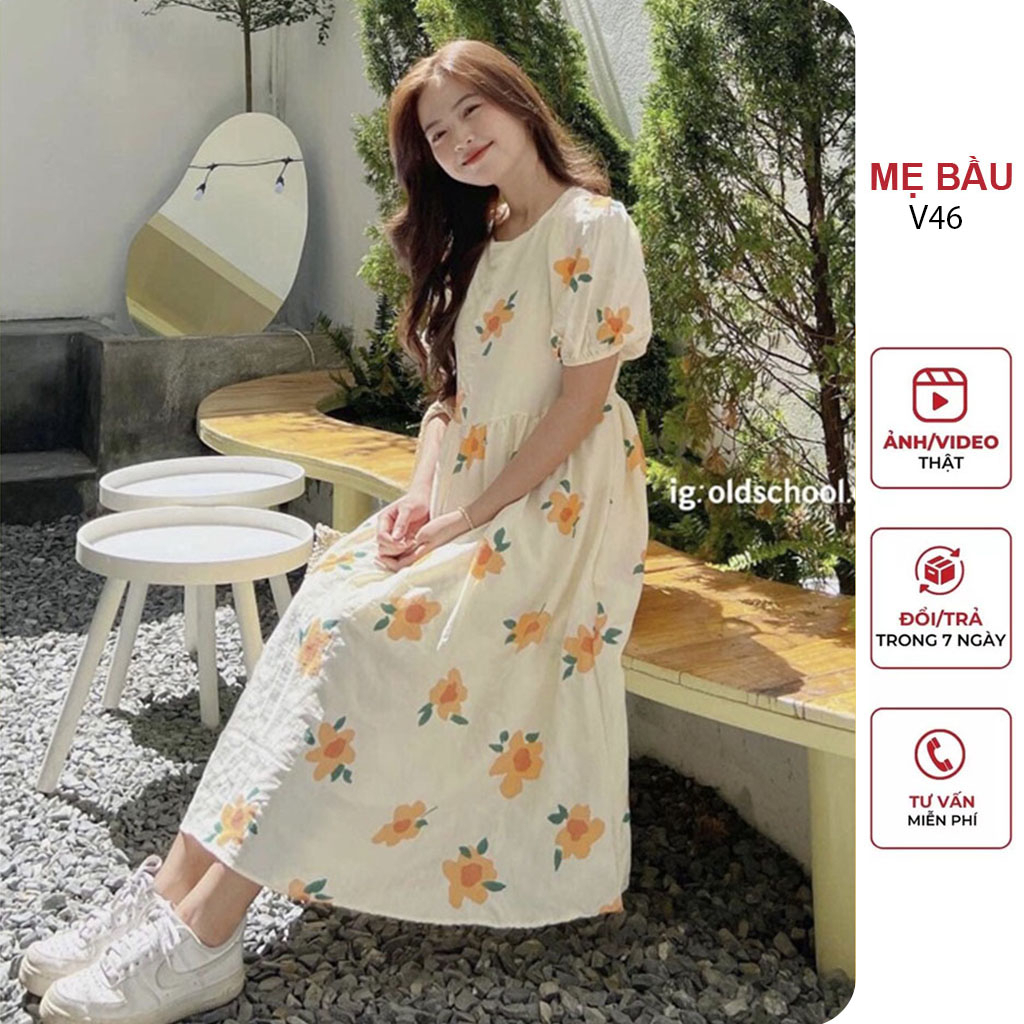 ĐẦM VÁY BẦU CÔNG SỞ DÁNG TIỂU THƯ PHỐI HOA CAM SIÊU XINH - ĐẦM BẦU BABYDOLL MÙA HÈ MẶC ĐI LÀM ĐI TIỆC ĐẸP FREESIZE