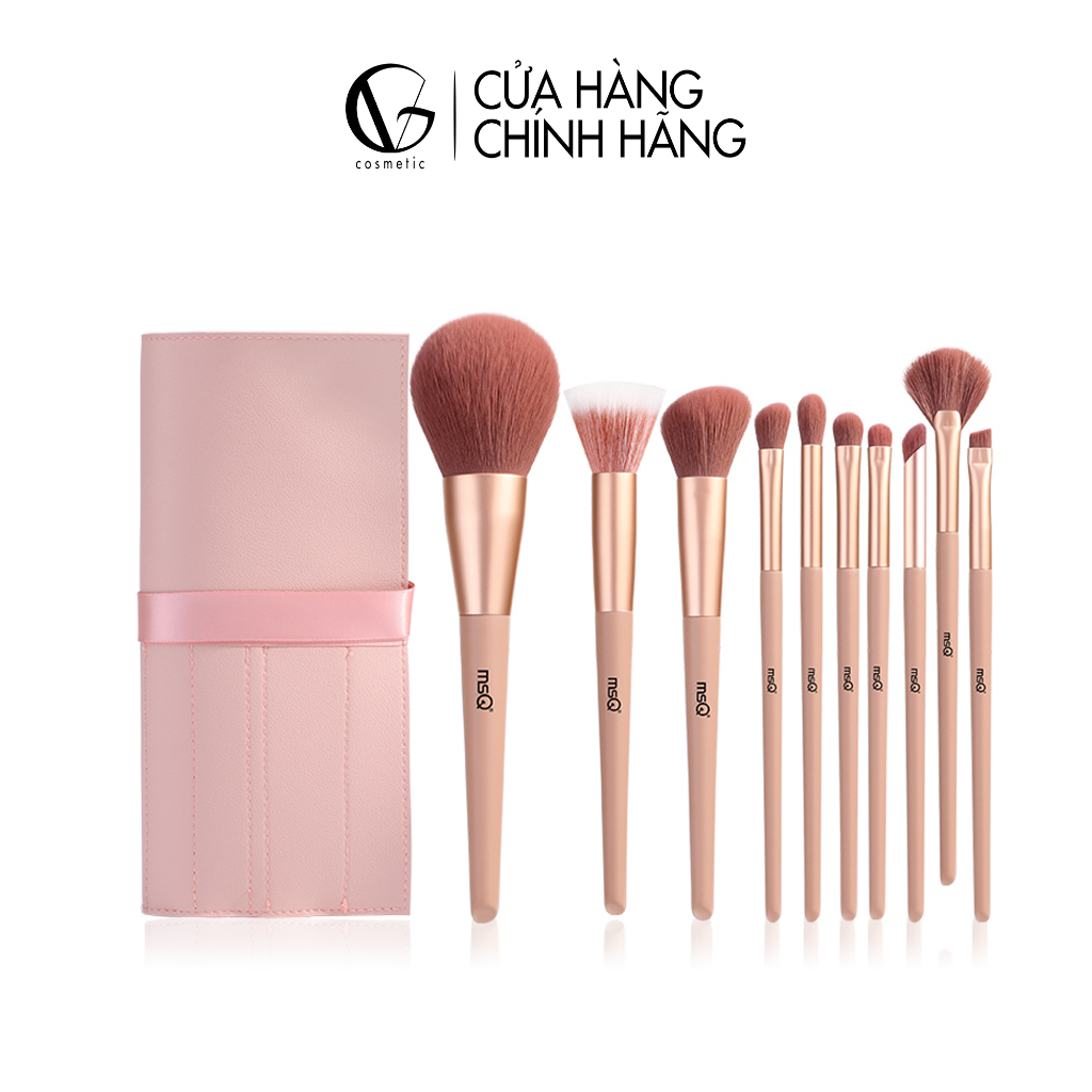 Bộ cọ trang điểm cá nhân GUVIET màu Hồng đào 10 cọ kèm theo túi đựng cọ và hộp giấy