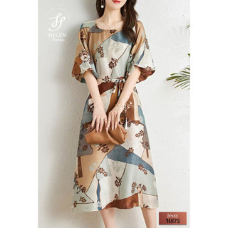 Đầm lụa dáng suông tay bồng, mảng màu phối kết hợp thanh lịch, sang trọng - Jessy Dress - Helen Boutique