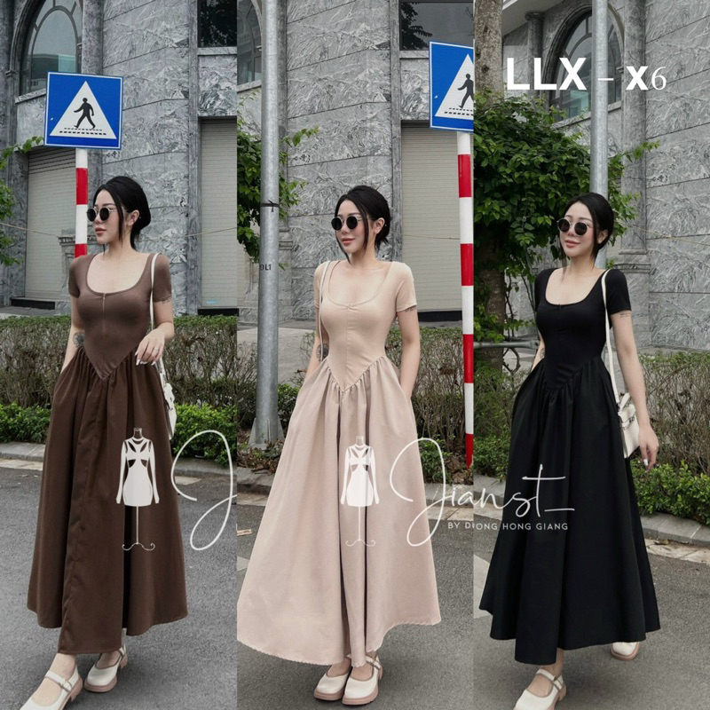 Váy maxi cổ vuông khoá trước