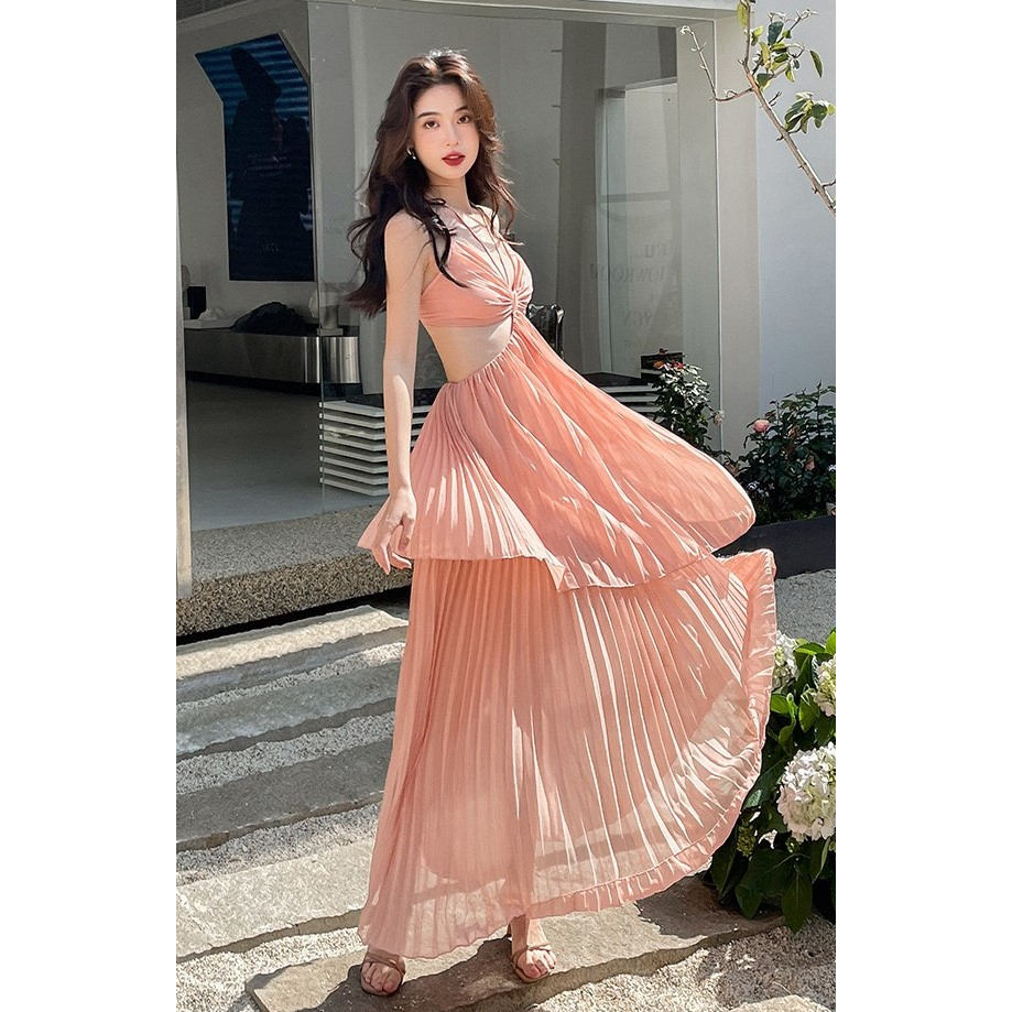 Đầm maxi hở lưng cut eo đi biển phong cách quyến rũ sexy hot girl, váy maxi hai dây hở lưng đi biển siêu đẹp