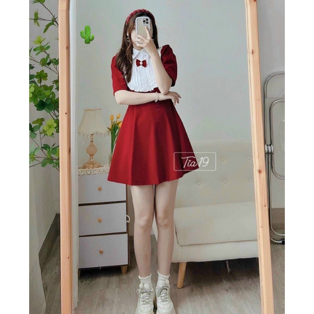 Đầm nhung dáng xòe tiểu thư có nơ cổ siêu xinh