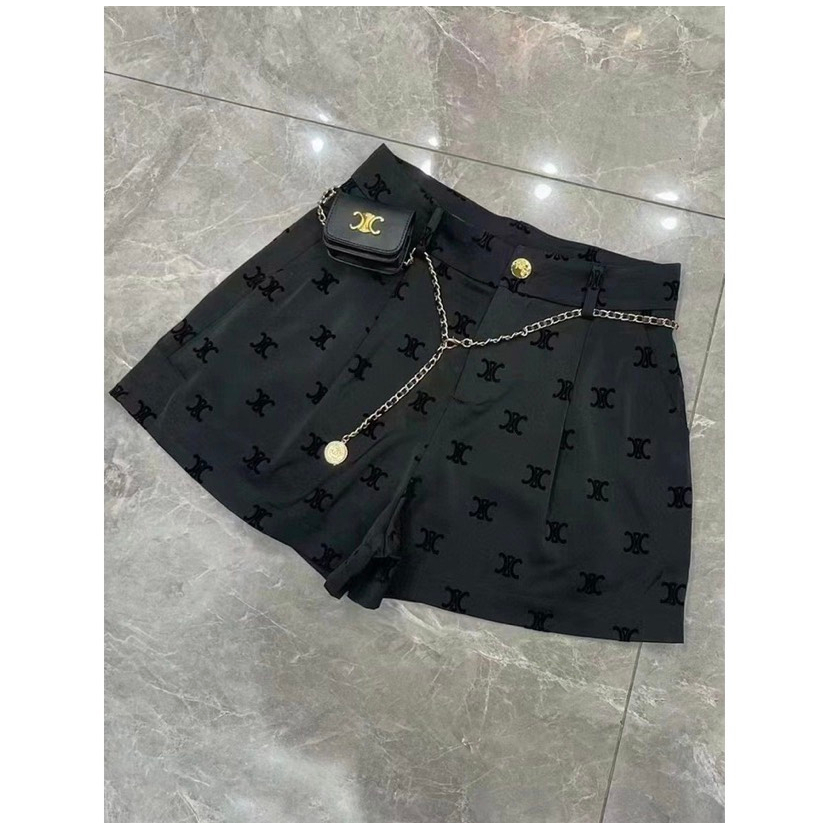 Quần short lụa phối nhung kèm đai xích siêu hot siêu sang chảnh, Quần đùi lụa nhung phối tag nổi kèm đai xích siêu đẹp