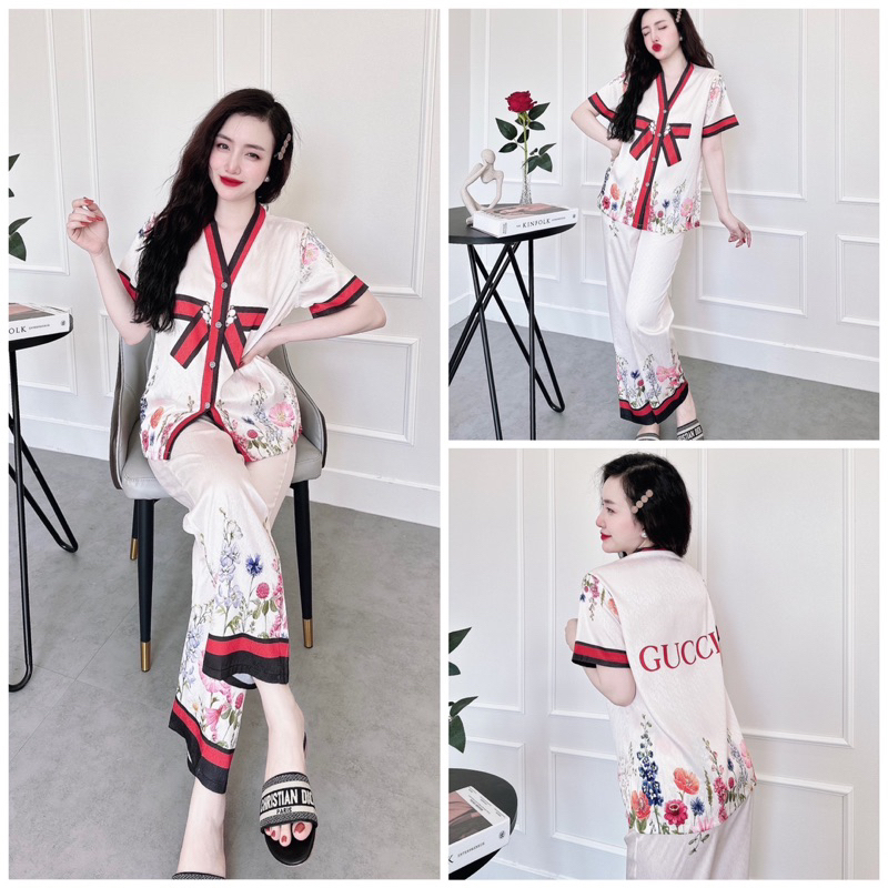 SP_69 Đồ bộ pijama BOLOBALA tay ngắn quần dài chất lụa xước cổ Y bo viền siêu nổi bật