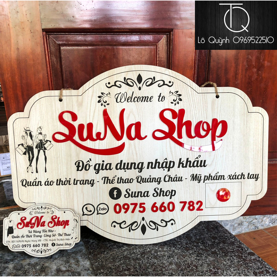 Bảng gỗ tên shop làm thiết kế theo nội dung yêu cầu, vân gỗ màu sang, dày đủ kích thước mẫu viền lựa chọn (giá xưởng)