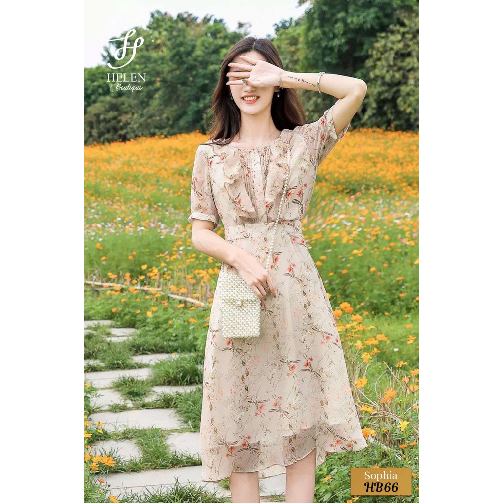 Đầm hoa nhí xòe nhẹ cổ thuyền nhún bèo màu cam hồng cá hồi tươi tắn - Sophia Dress - Helen Boutique