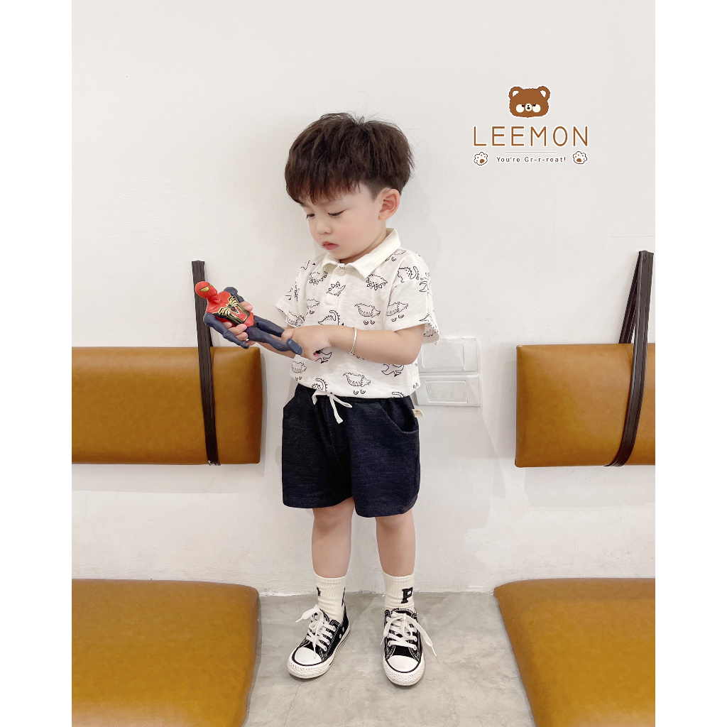 Bộ polo cotton cộc tay in hình khủng long dễ thương Leemon cho bé trai