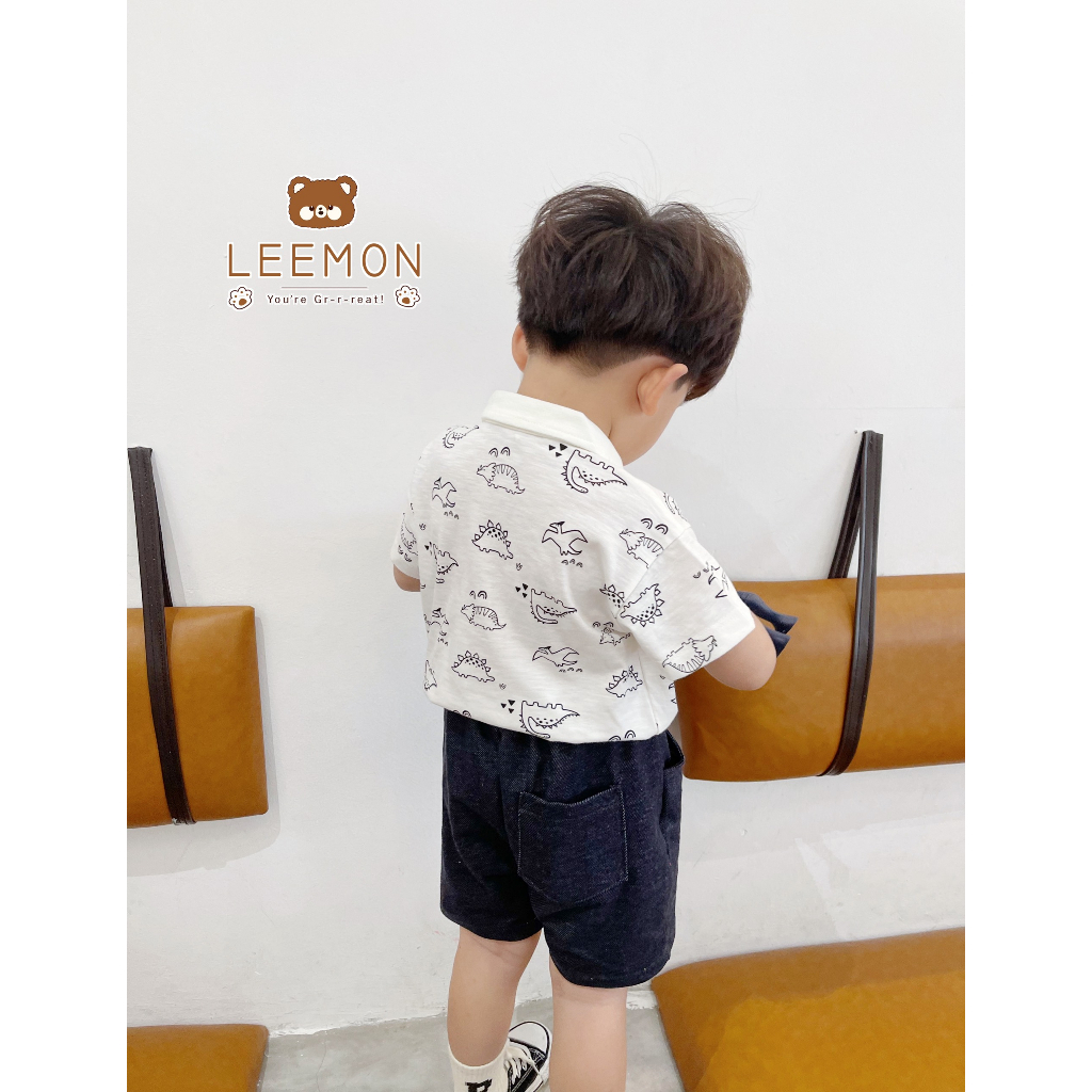 Bộ polo cotton cộc tay in hình khủng long dễ thương Leemon cho bé trai