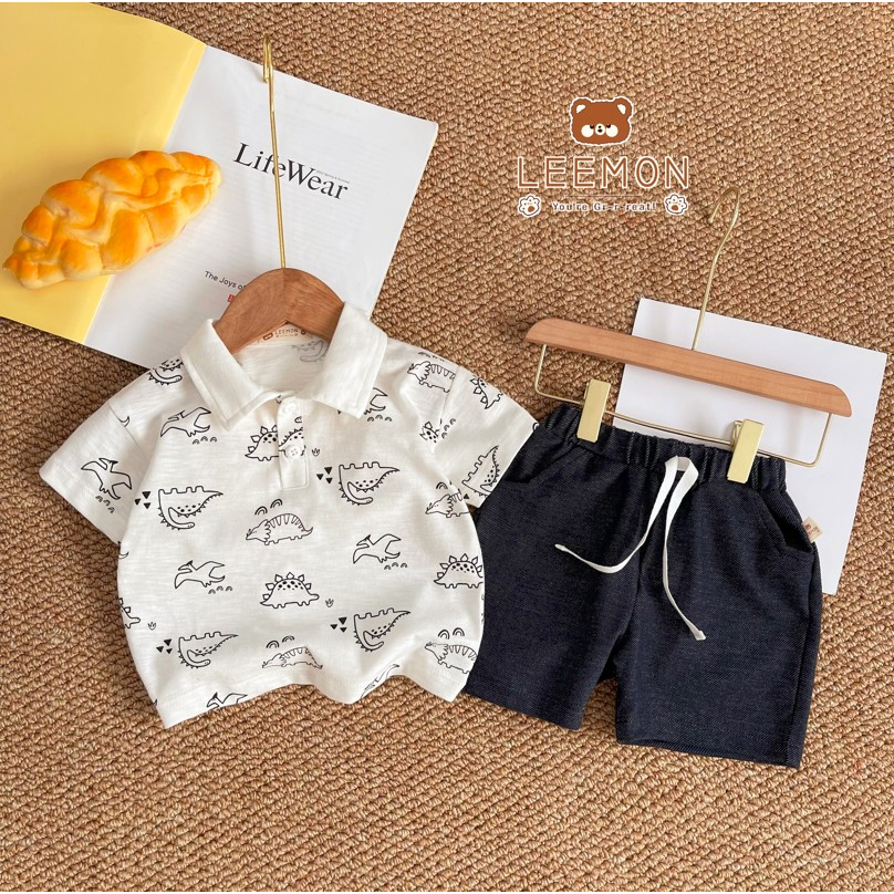Bộ polo cotton cộc tay in hình khủng long dễ thương Leemon cho bé trai