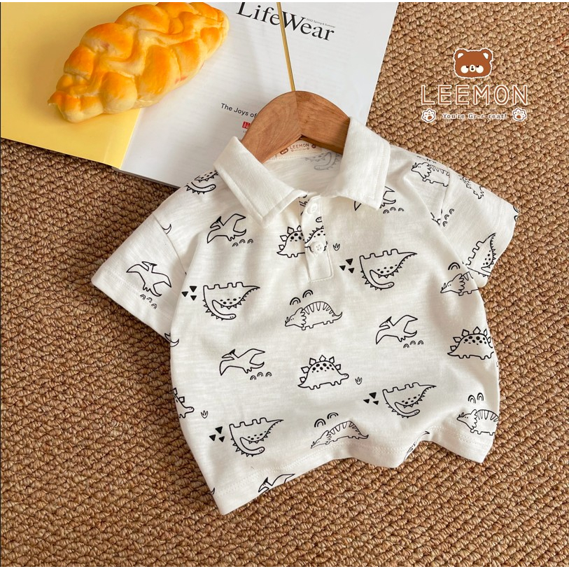 Bộ polo cotton cộc tay in hình khủng long dễ thương Leemon cho bé trai