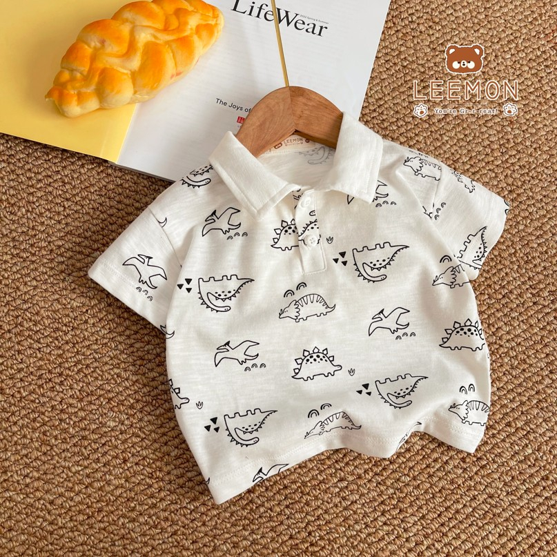 Bộ polo cotton cộc tay in hình khủng long dễ thương Leemon cho bé trai