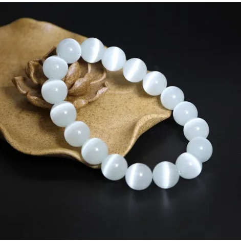 Vòng tay đá Opal mắt mèo trắng 10ly - Vòng tay phong thủy cho người mệnh Kim - Thủy