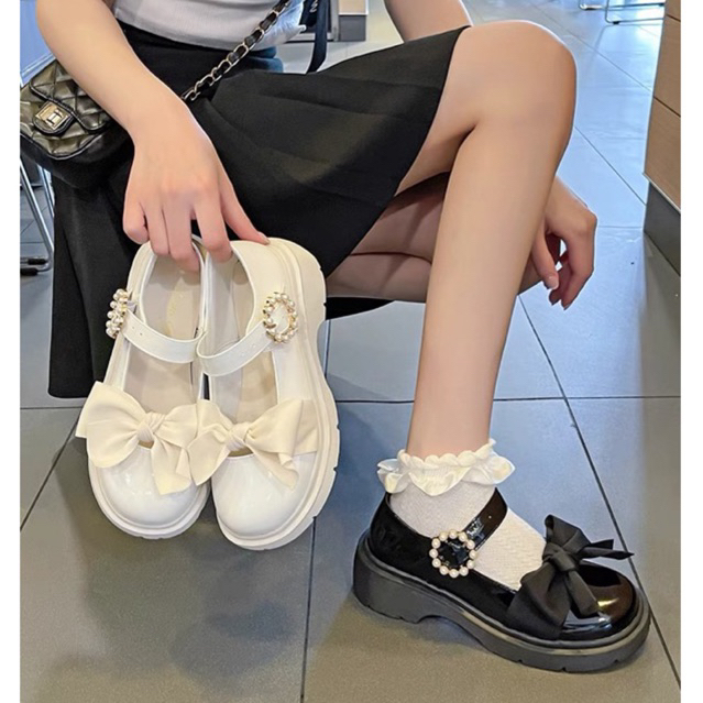 Giày Lolita Nữ Quai Ngọc BUỘC NƠ Cao Cấp (đặt lùi 1 sz)- Giày búp bê nữ đế độn 4 phân 2 màu siêu hót