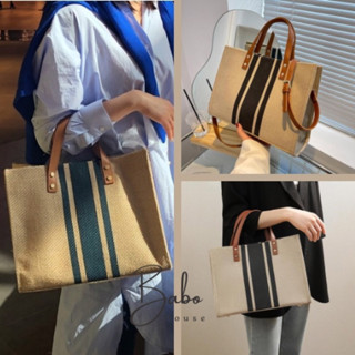  Túi giỏ xách đi làm có dây đeo chéo vải canvas sọc xanh quai da phong cách Hàn Quốc cho nữ 