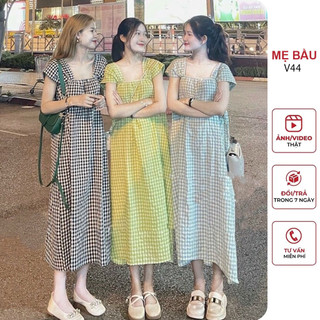 Đầm váy bầu maxi đi biển kẻ caro chất mềm đẹp - váy bầu dáng suông dài thời trang freesize