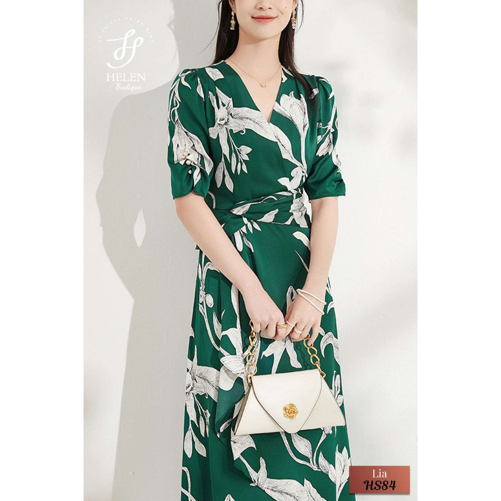 Đầm mullet cổ V xanh lá họa tiết hoa Lily nhã nhặn, sang trọng - Lia Dress - Helen Boutique