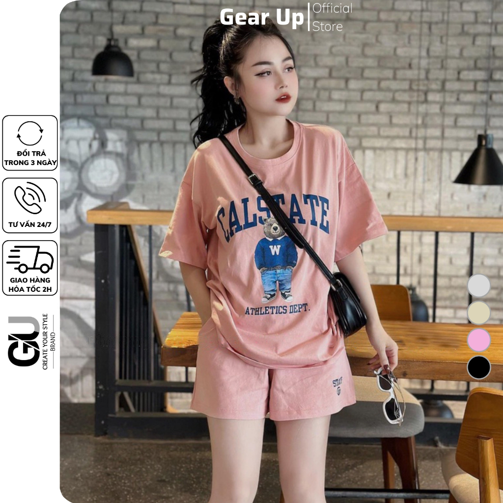 Set bộ cộc nữ form rộng mix gấu CAL, bộ thun đùi nữ mùa hè chất cotton mềm mịn, thoáng mát