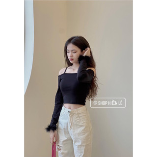Áo Rớt Vai Tay Dài Phối Lông