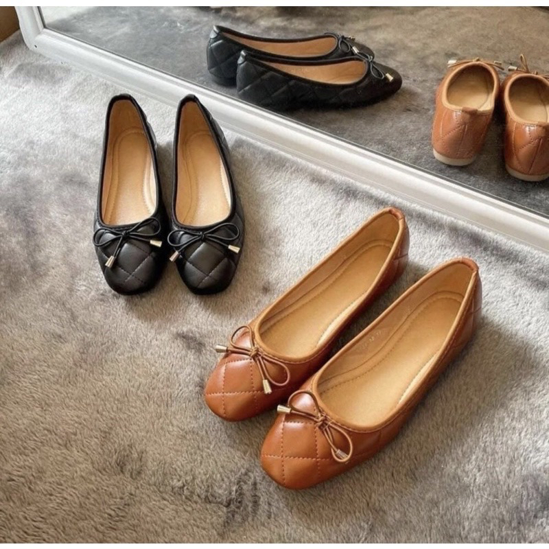 Giày búp bê nữ trám chần đính nơ siêu êm chân