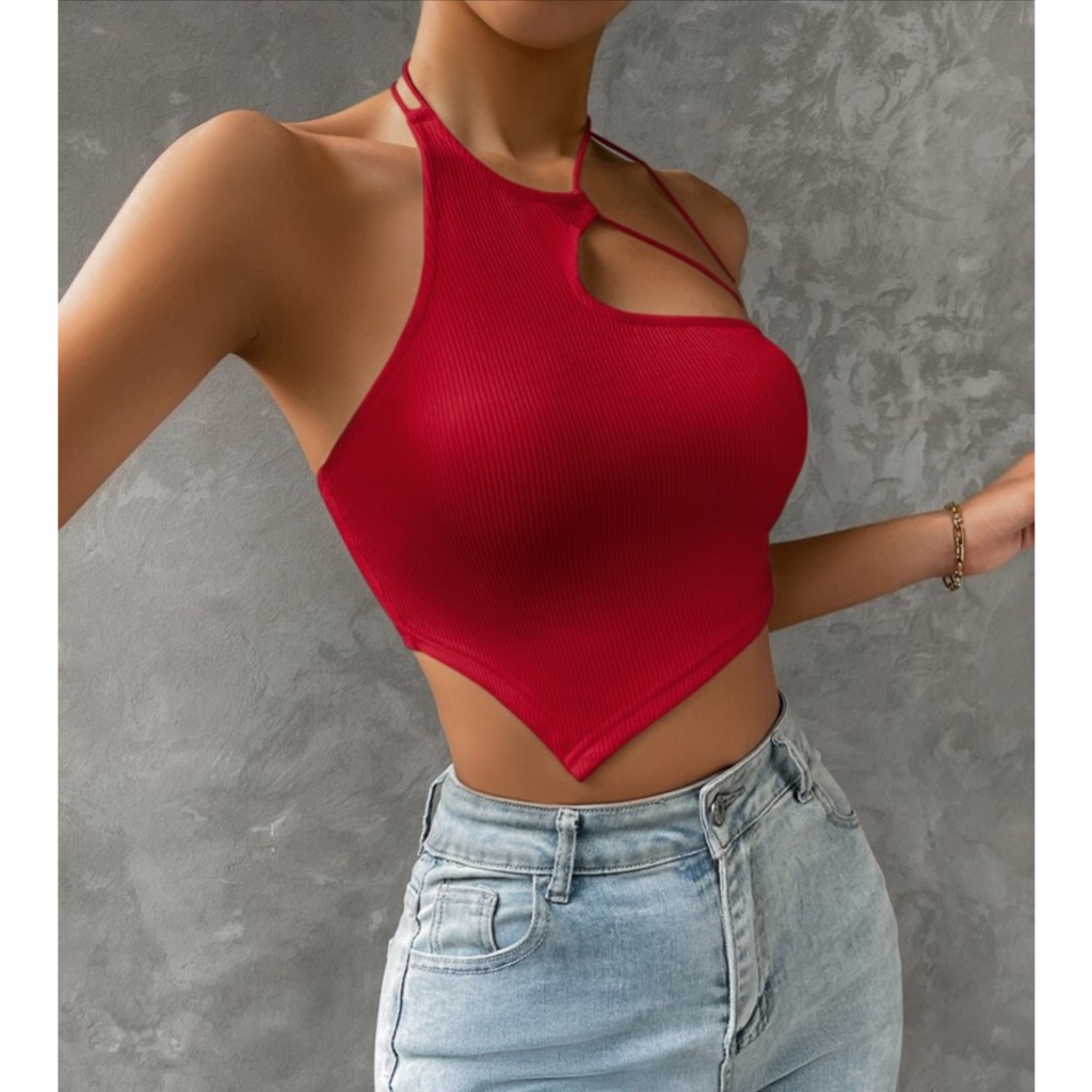 Áo croptop thun gân hai dây lệch vai MÀU ĐỎ JUNE.SG áo quây ngực 2 dây ôm body chéo vai