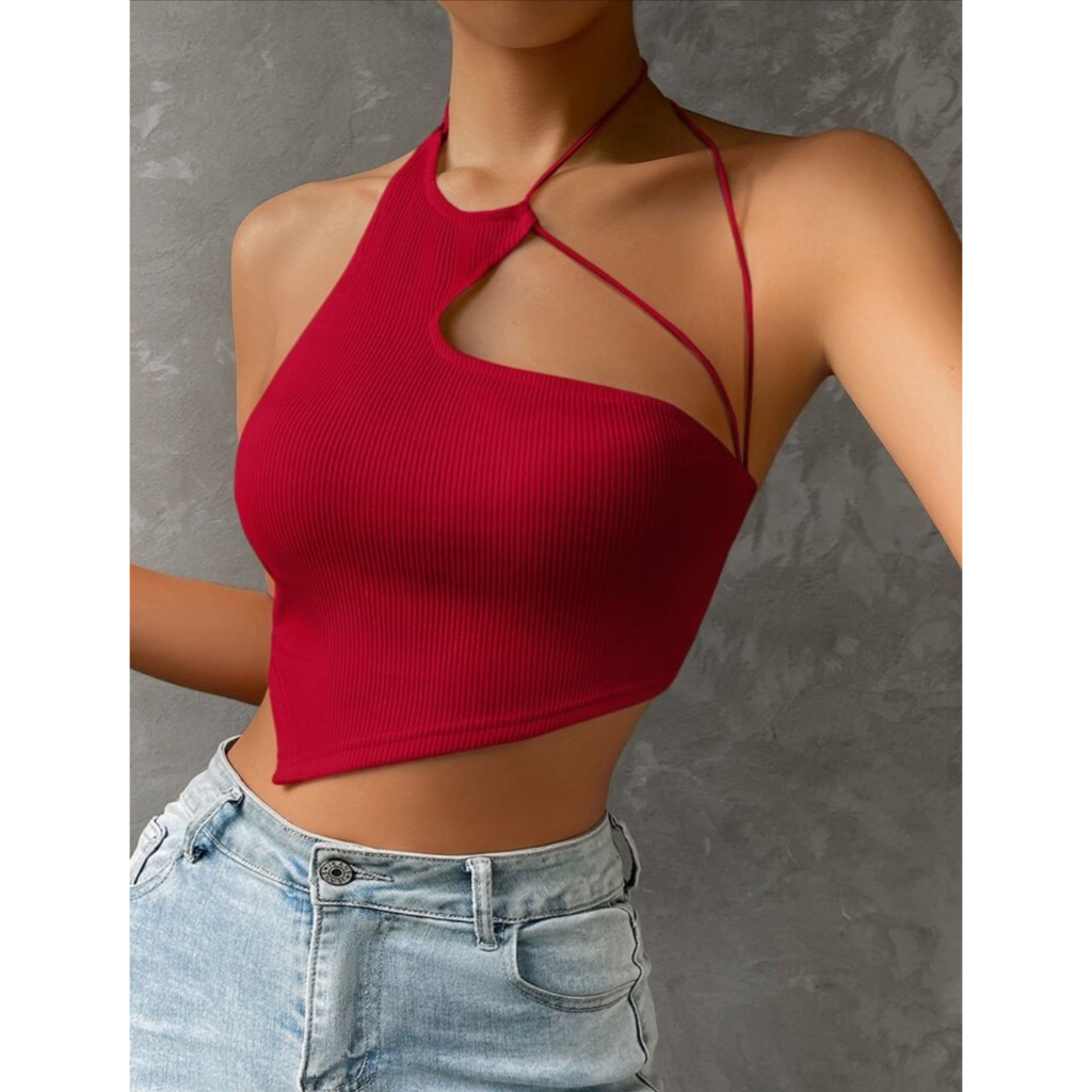 Áo croptop thun gân hai dây lệch vai MÀU ĐỎ JUNE.SG áo quây ngực 2 dây ôm body chéo vai
