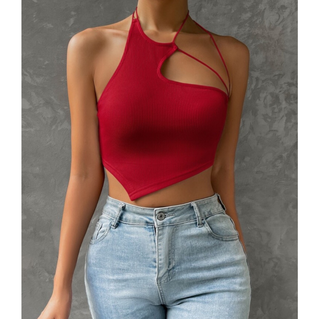 Áo croptop thun gân hai dây lệch vai MÀU ĐỎ JUNE.SG áo quây ngực 2 dây ôm body chéo vai