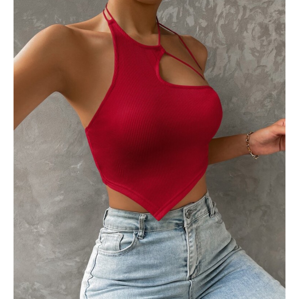Áo croptop thun gân hai dây lệch vai MÀU ĐỎ JUNE.SG áo quây ngực 2 dây ôm body chéo vai